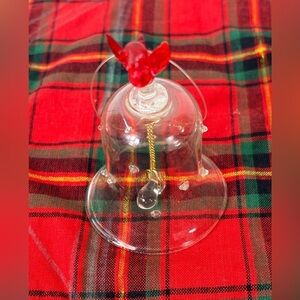 Clear Glass Bell Ornament with red bird on top polka dot glass hanging